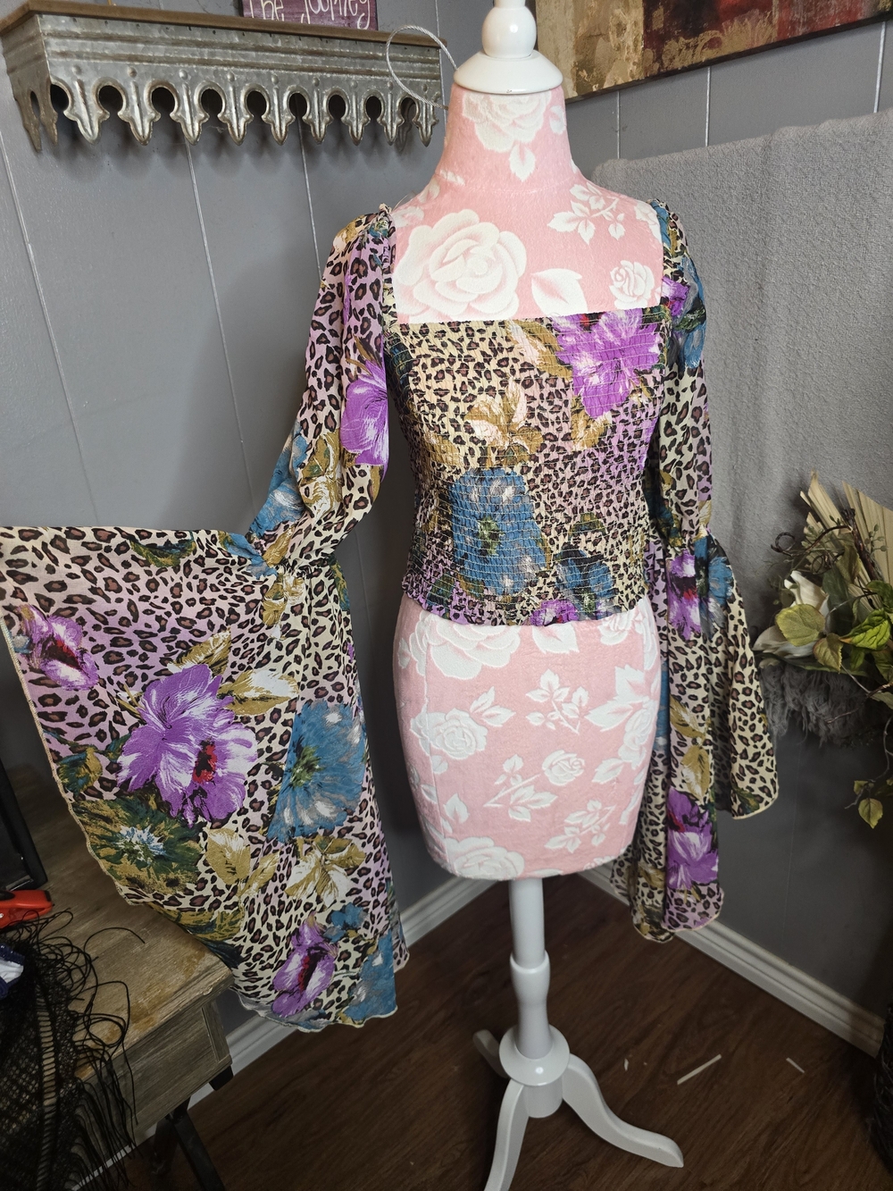 Floral Leopard Print Smocked Crop Top with Bell Sleeves